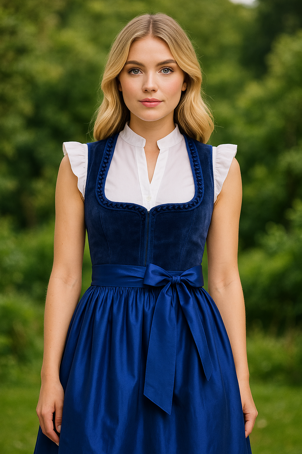 Modernes Samtdirndl in dunklem Blau