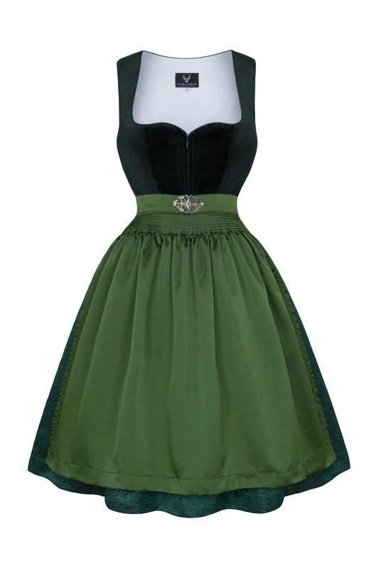 Dunkelgrünes Samtdirndl mit filigraner Schürzenschließe, 60cm Rock