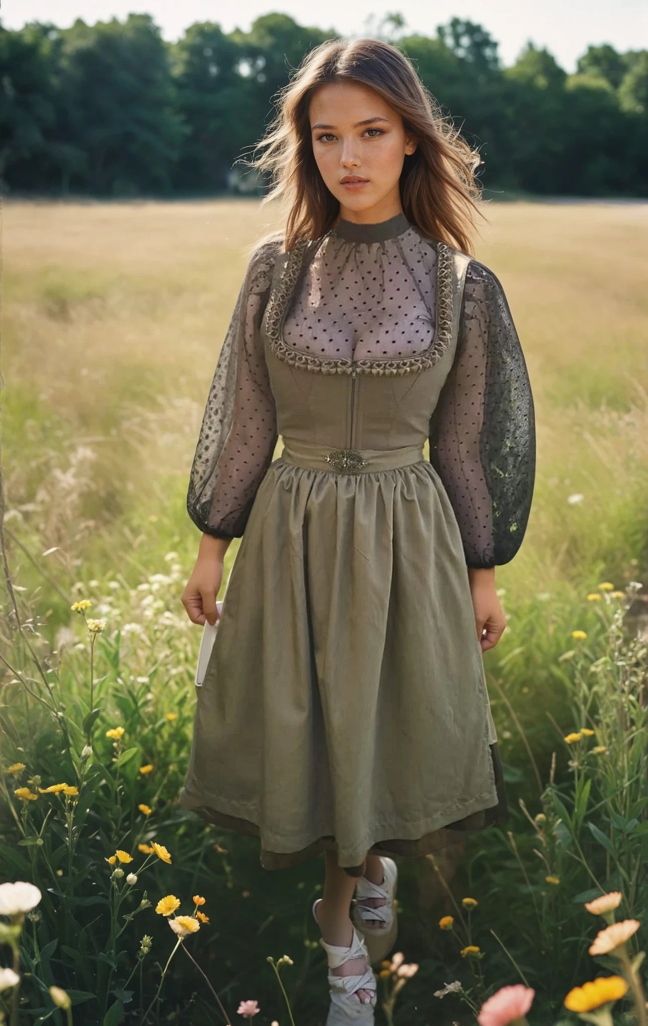 Leinen-Dirndl in Olivgrün mit Froschgoscherl aus Samt