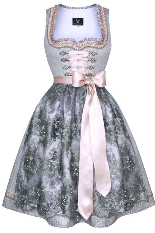Festliches Dirndl midi in Hellblau, Altrosa und Silber